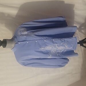 Bob Mackie Art Women Embroidered Blue & White Button Down Shirt